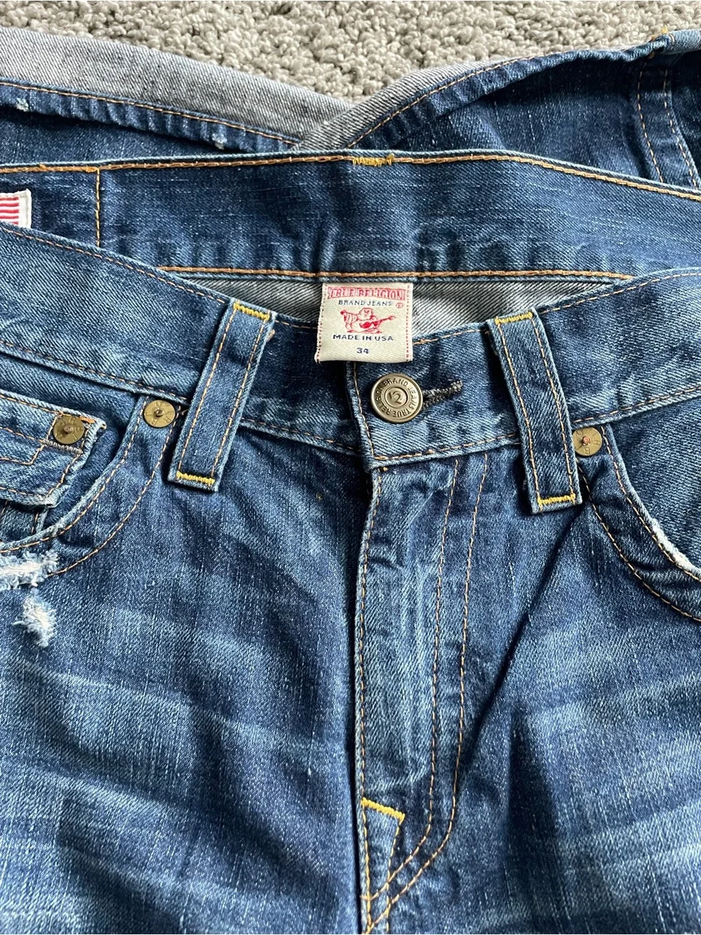 True Religion Blue Denim Jeans with Yellow Stitching